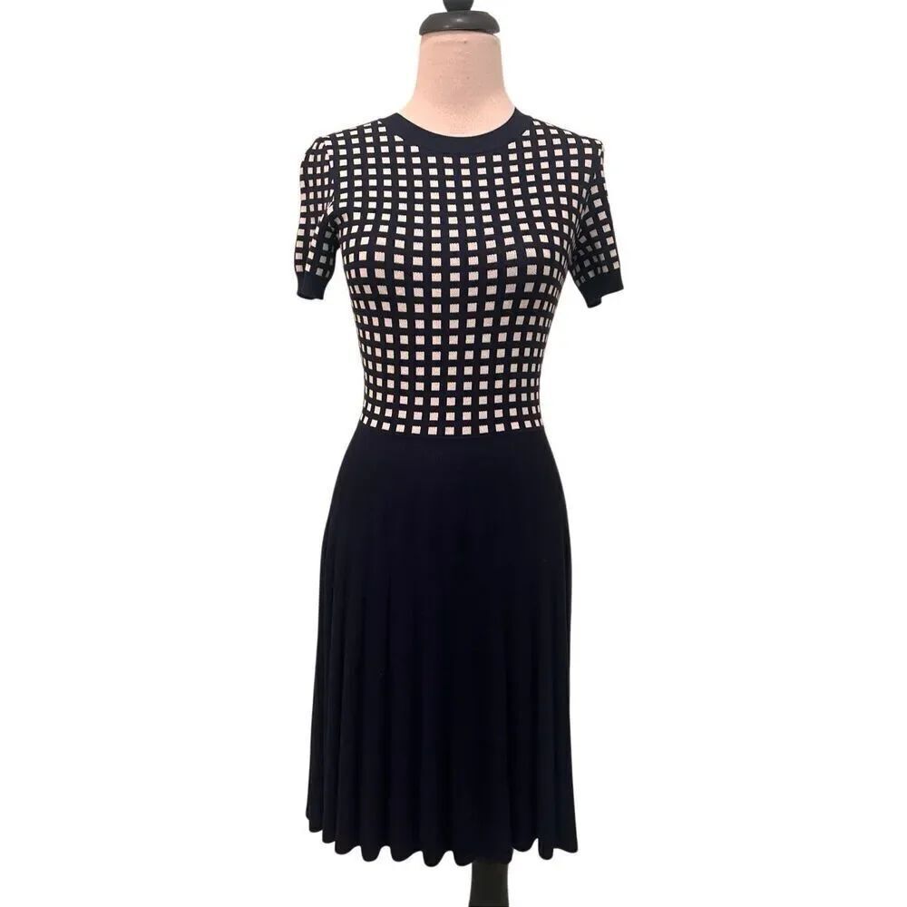 Draper James Women's Gingham Pleated Sweater Dress Nassau Navy Blue & White XS